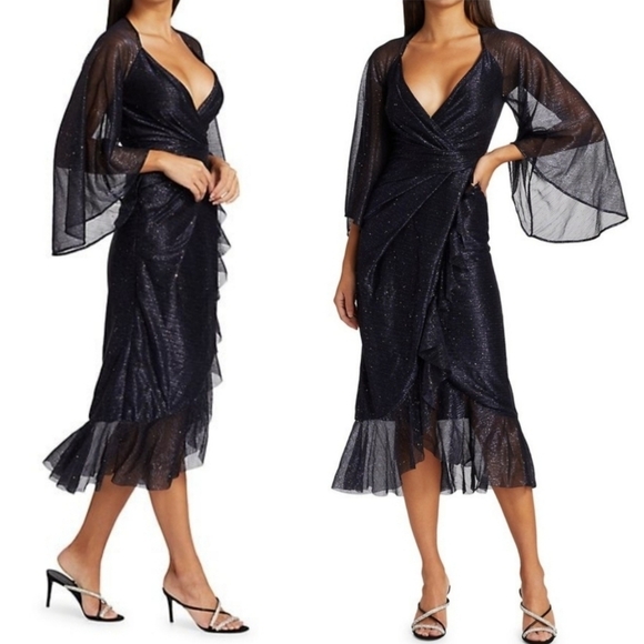 New Talbot Runhof Concavo1 Sprinkled Metallic Voile Wide Sleeve Midi Dress 6 US - Picture 10 of 17